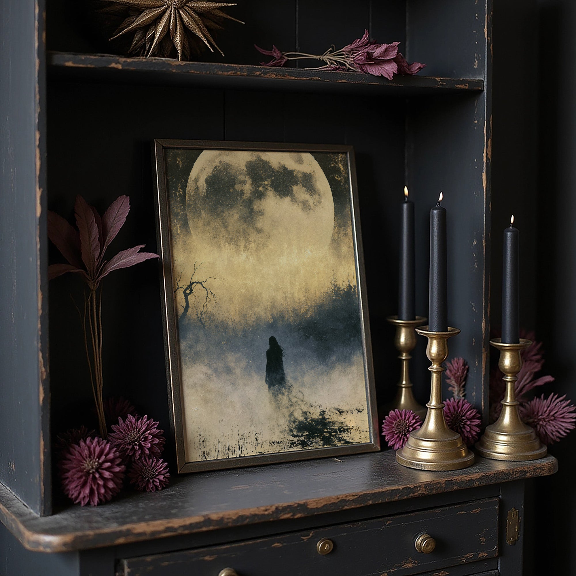 Lost in the Fog: Distant Figure and Moon