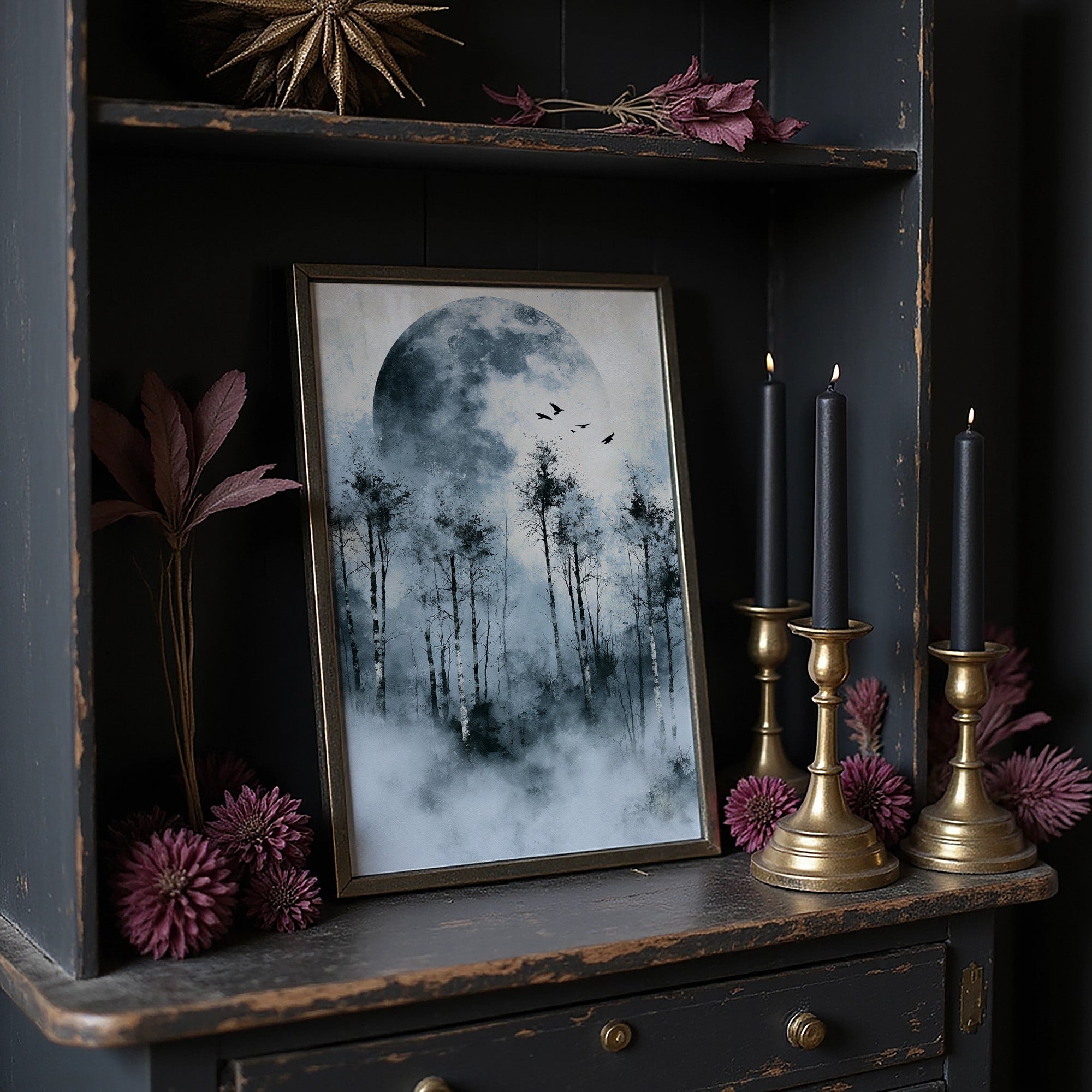 Ice Blue Moon Through Birch Fog
