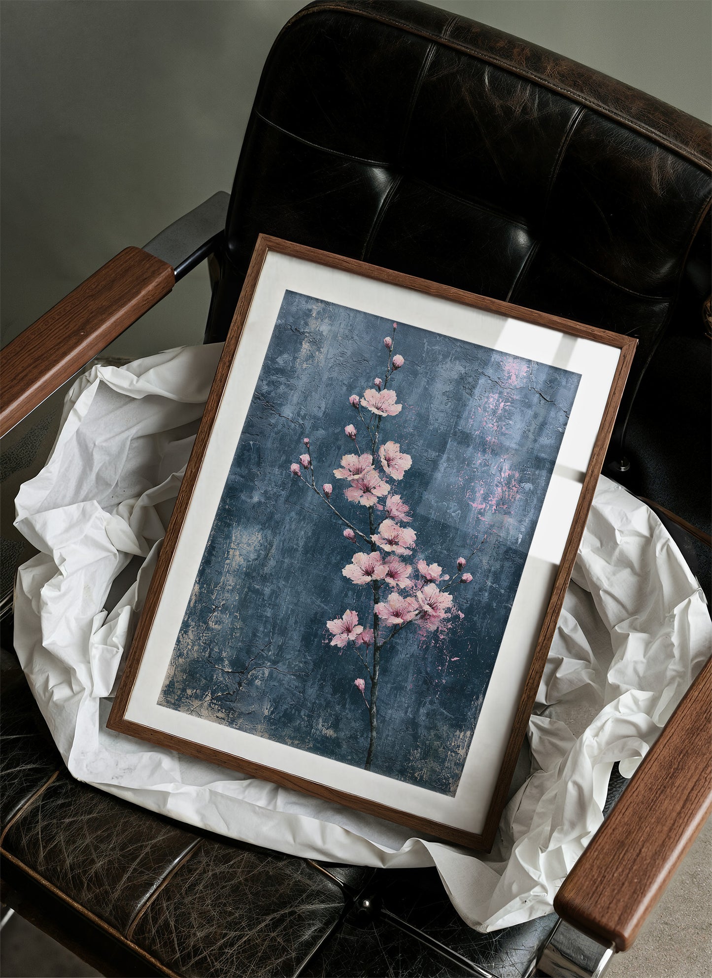 Pink Blossoms on Weathered Denim Blue