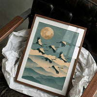 Cranes Over Misted Peaks
