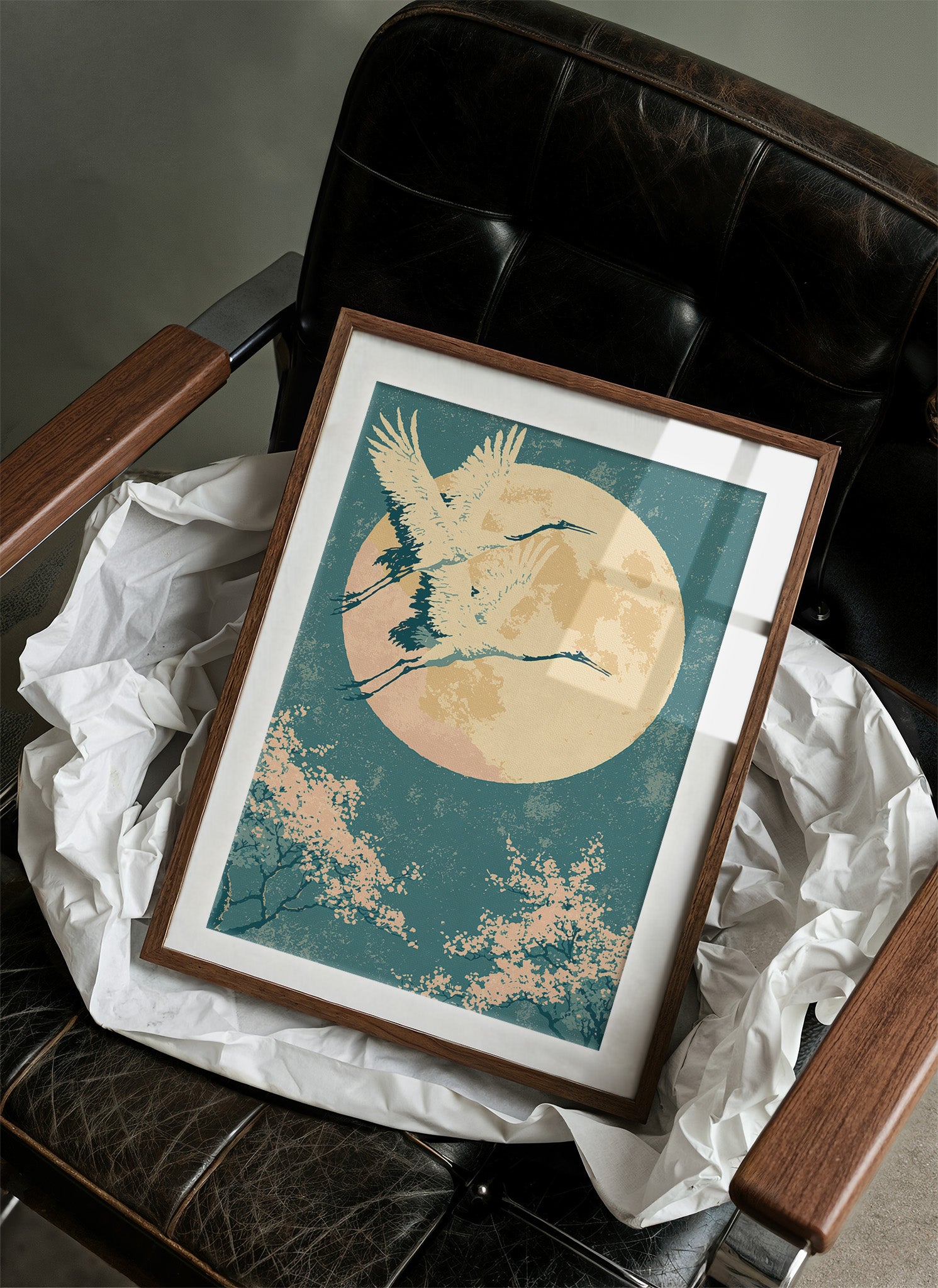 Crane Beneath Blossoms and Moon