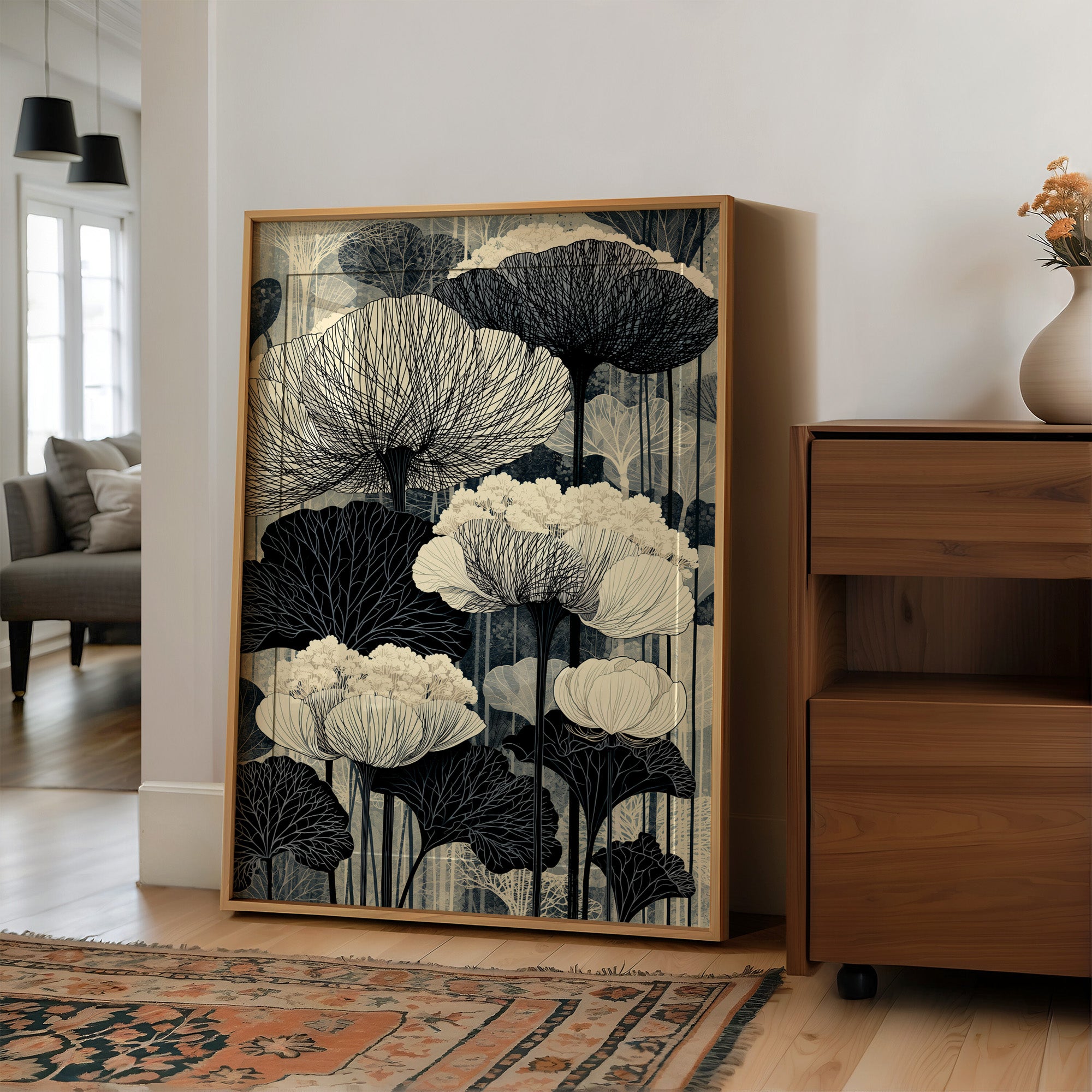 Poppies and Birches in Black Ink
