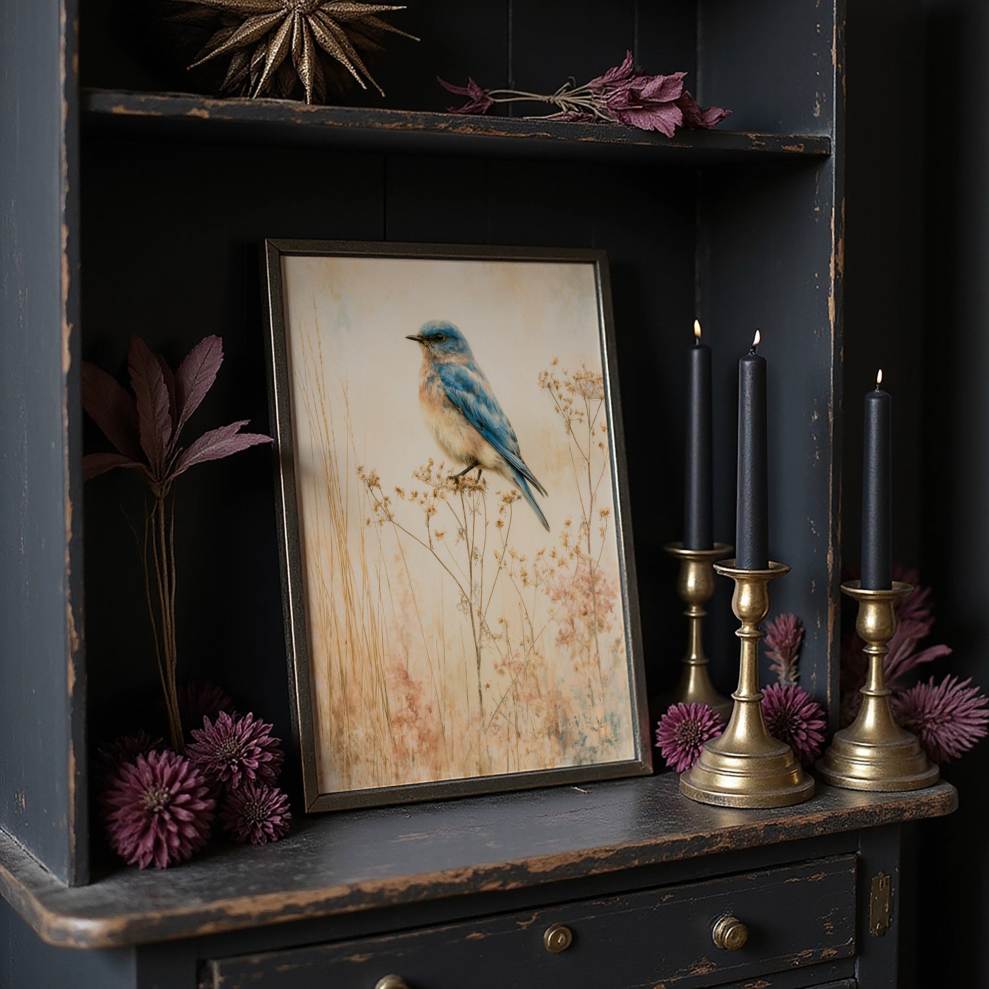 Bluebird in the Dried Wildflowers