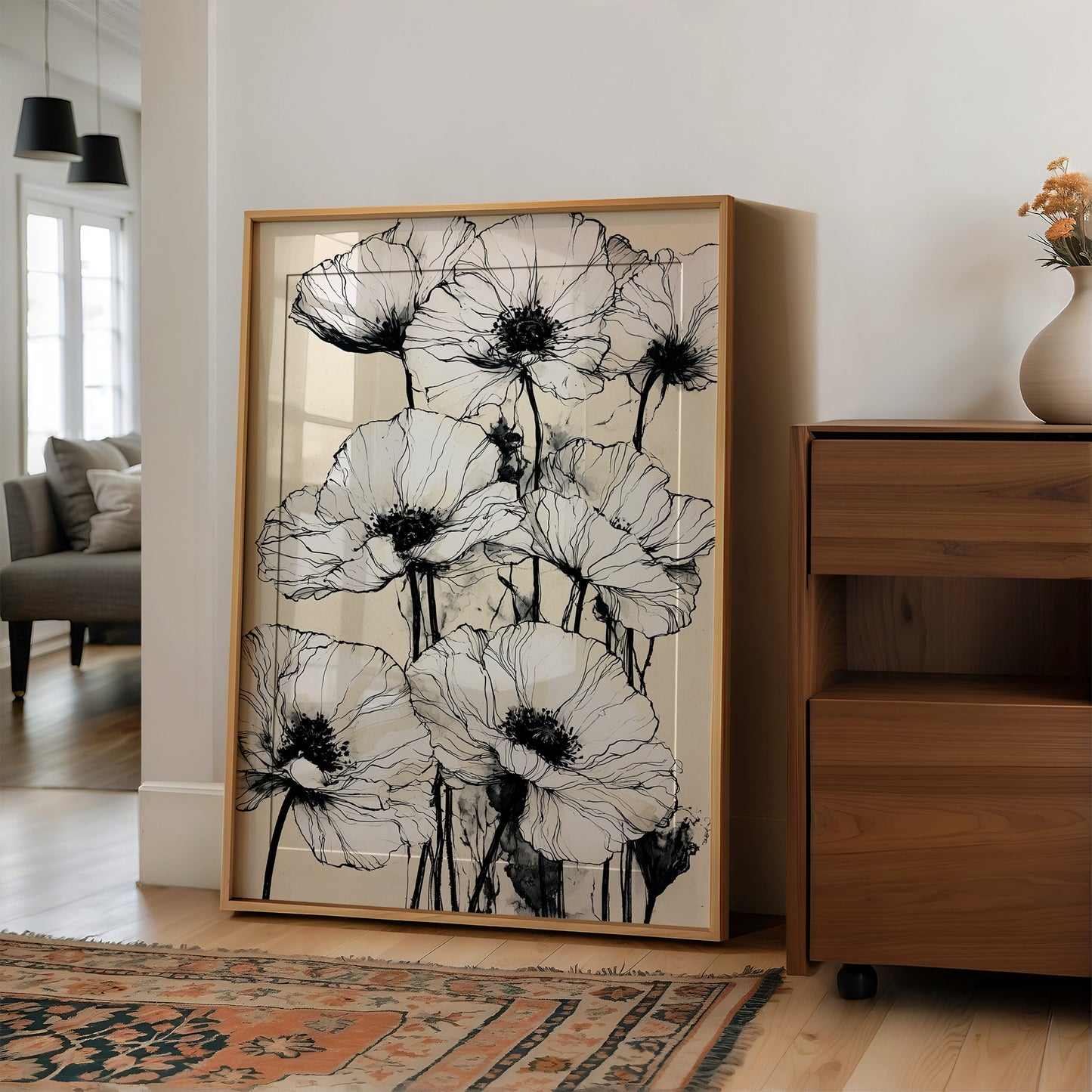 Botanical Poppies in Ink Wash