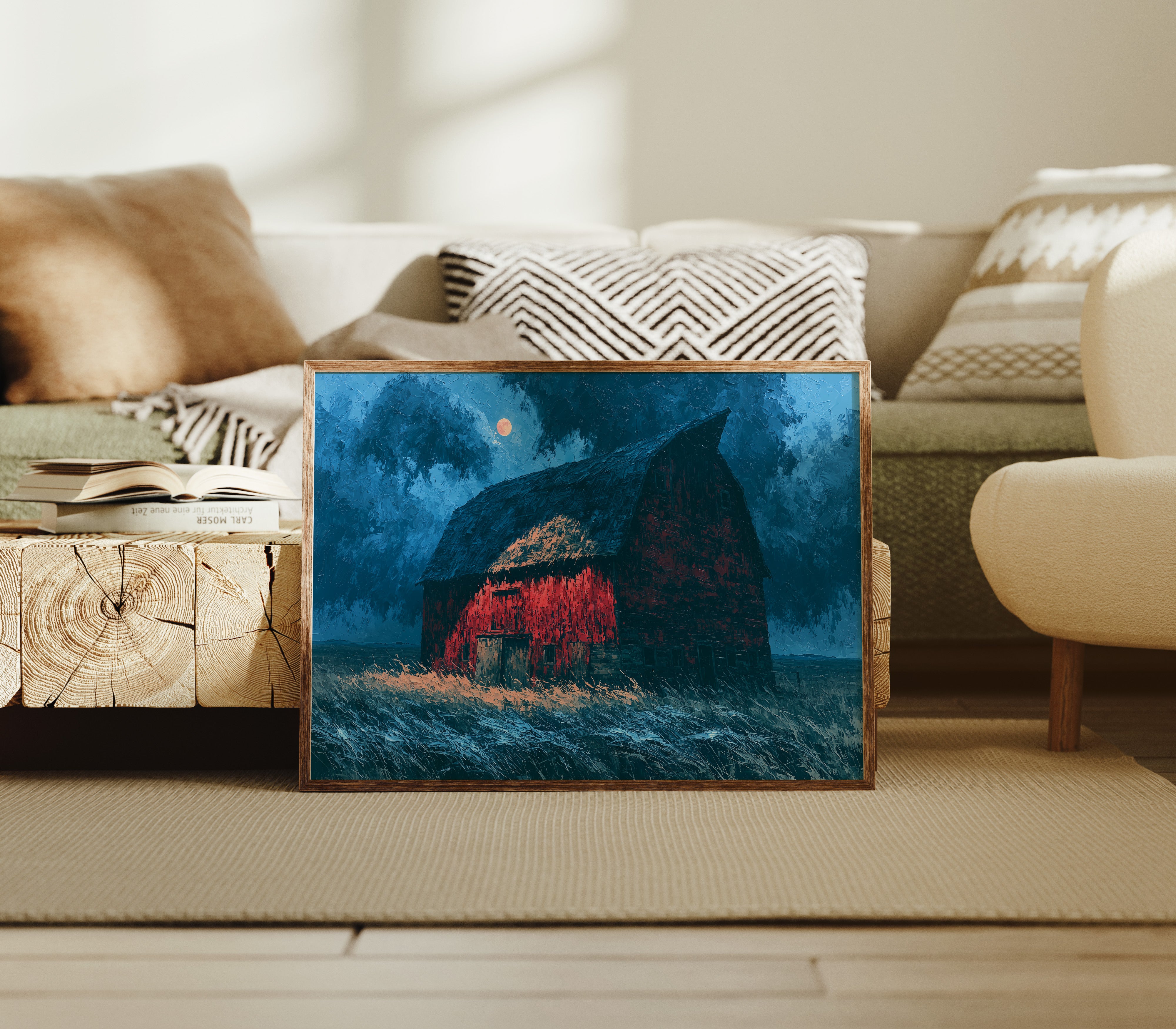 Red Barn Under a Blue Moon