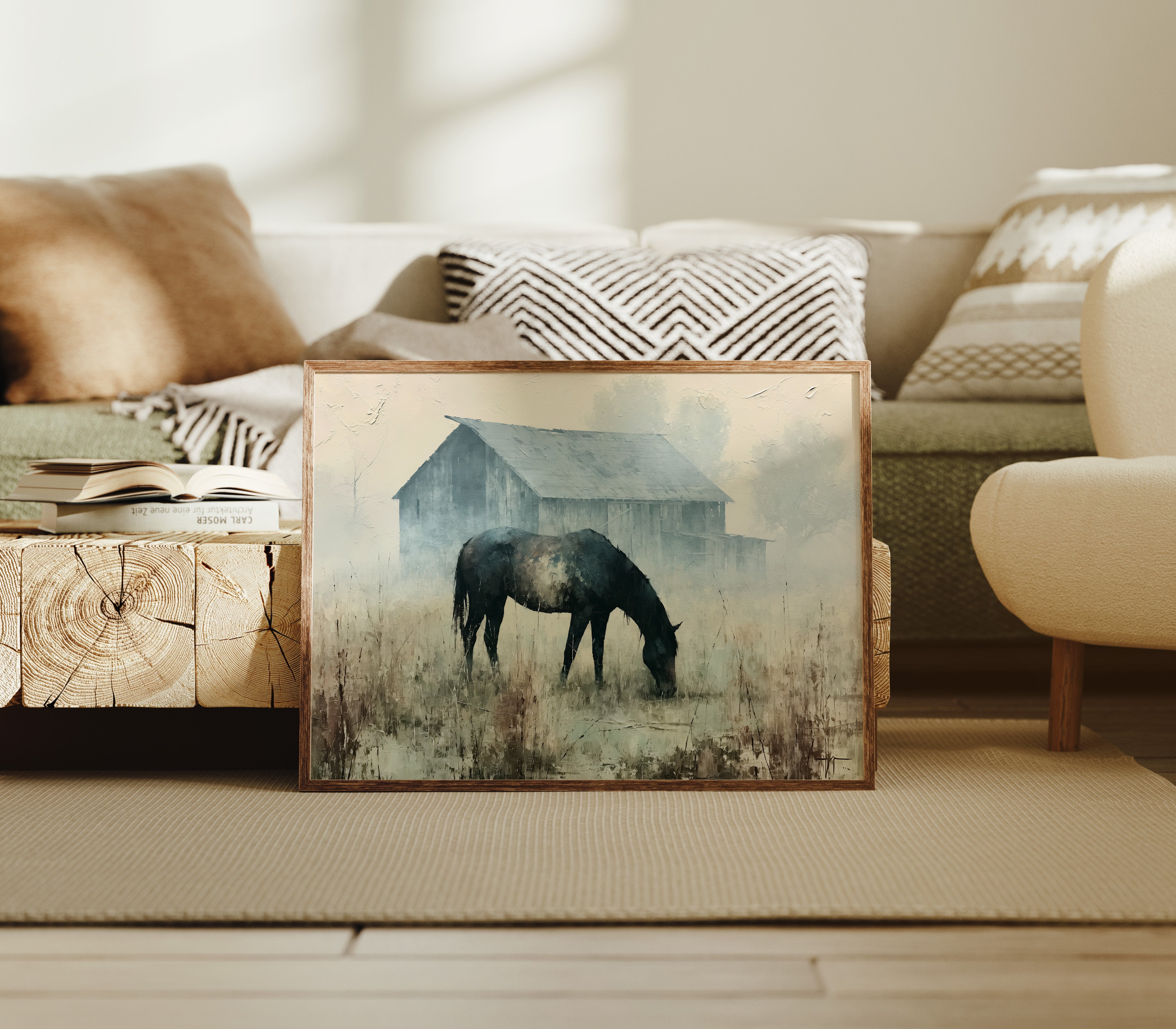 Grazing Horse, Foggy Farmstead
