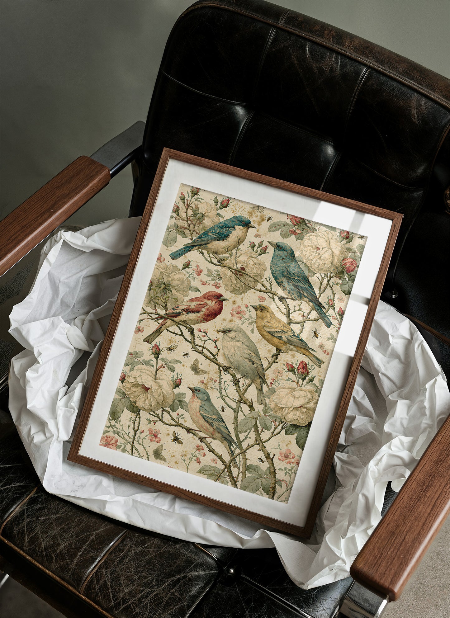 Five Finches on Antique Letters