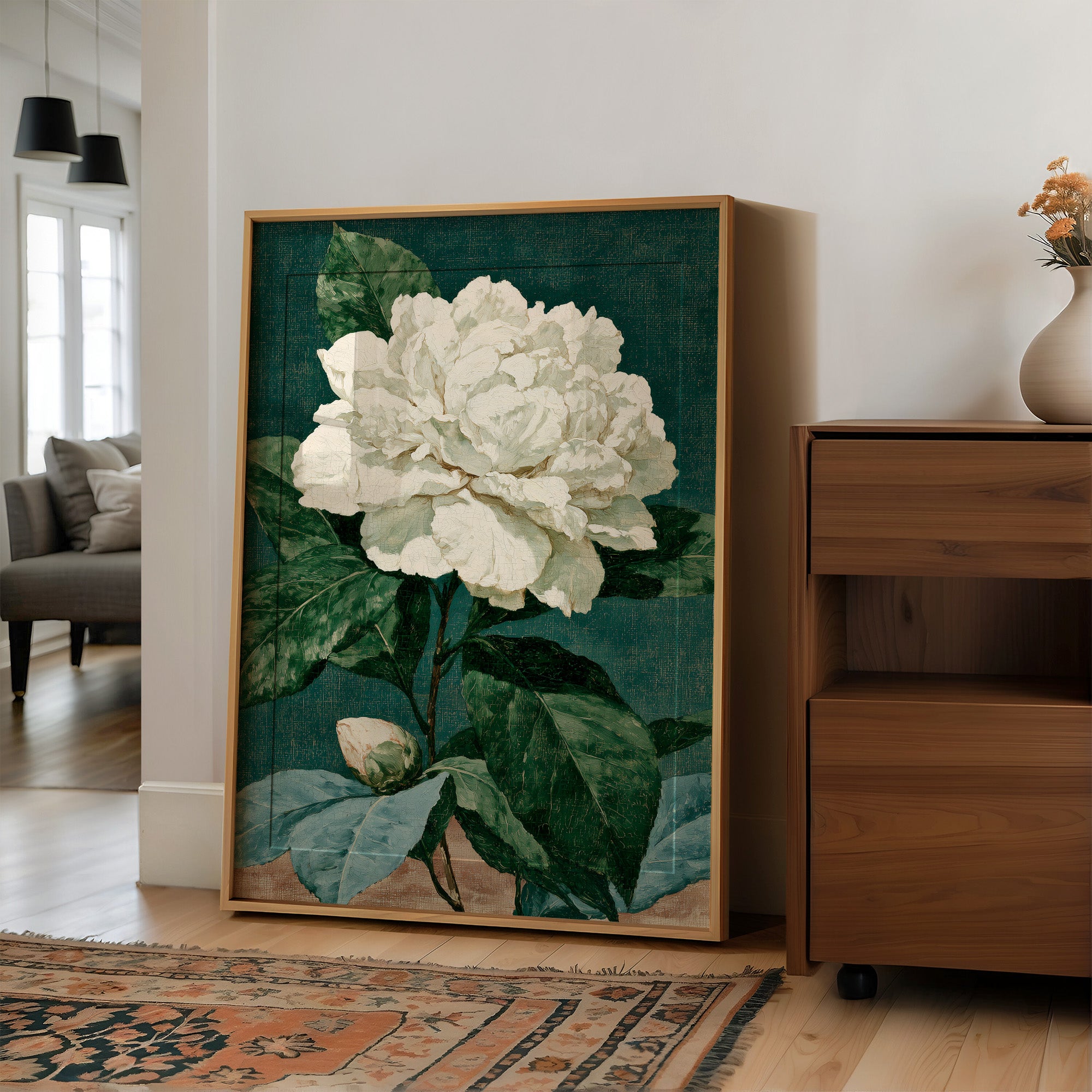 White Bloom on Cracked Teal Canvas