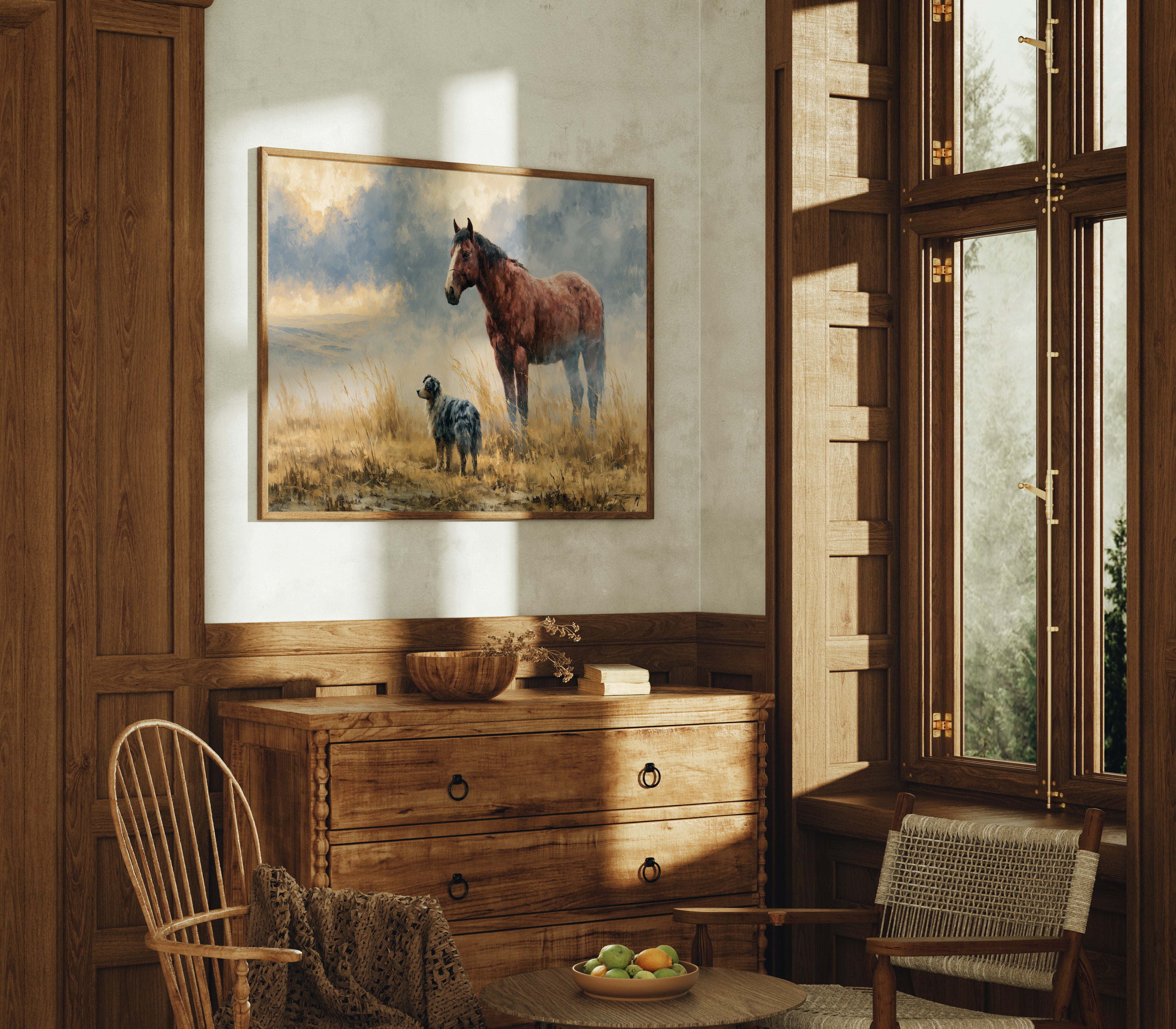 Bay Horse and Aussie Shepherd