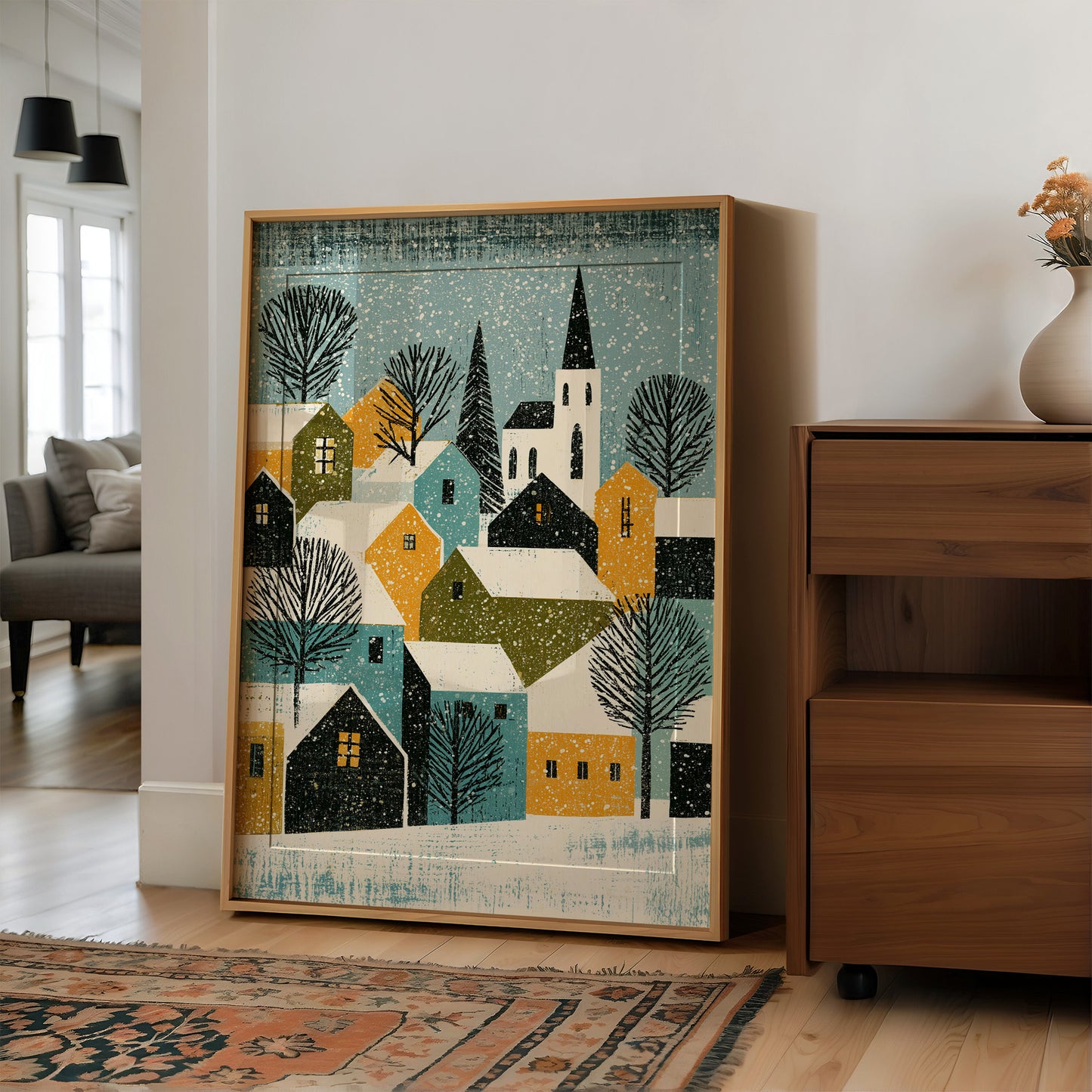 Snowy Village in Mustard & Teal