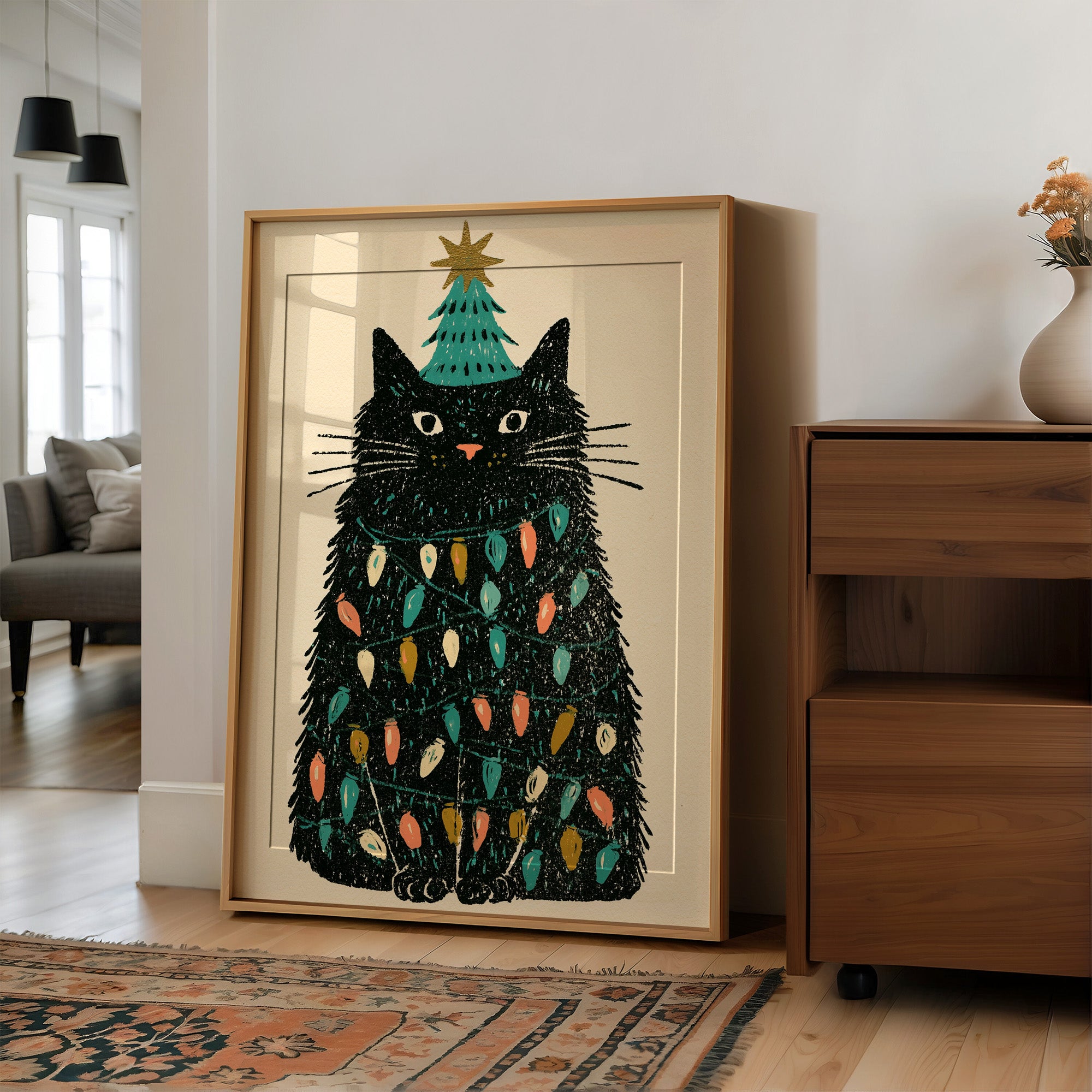 Cat Wrapped in Christmas Lights