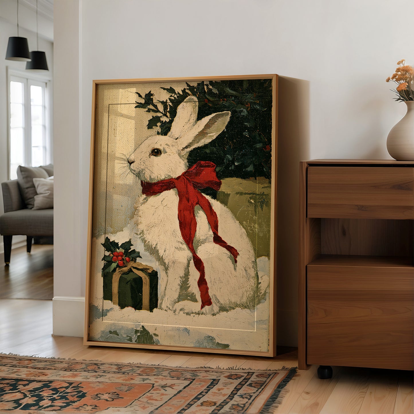 Oil-Painted Bunny with Red Ribbon