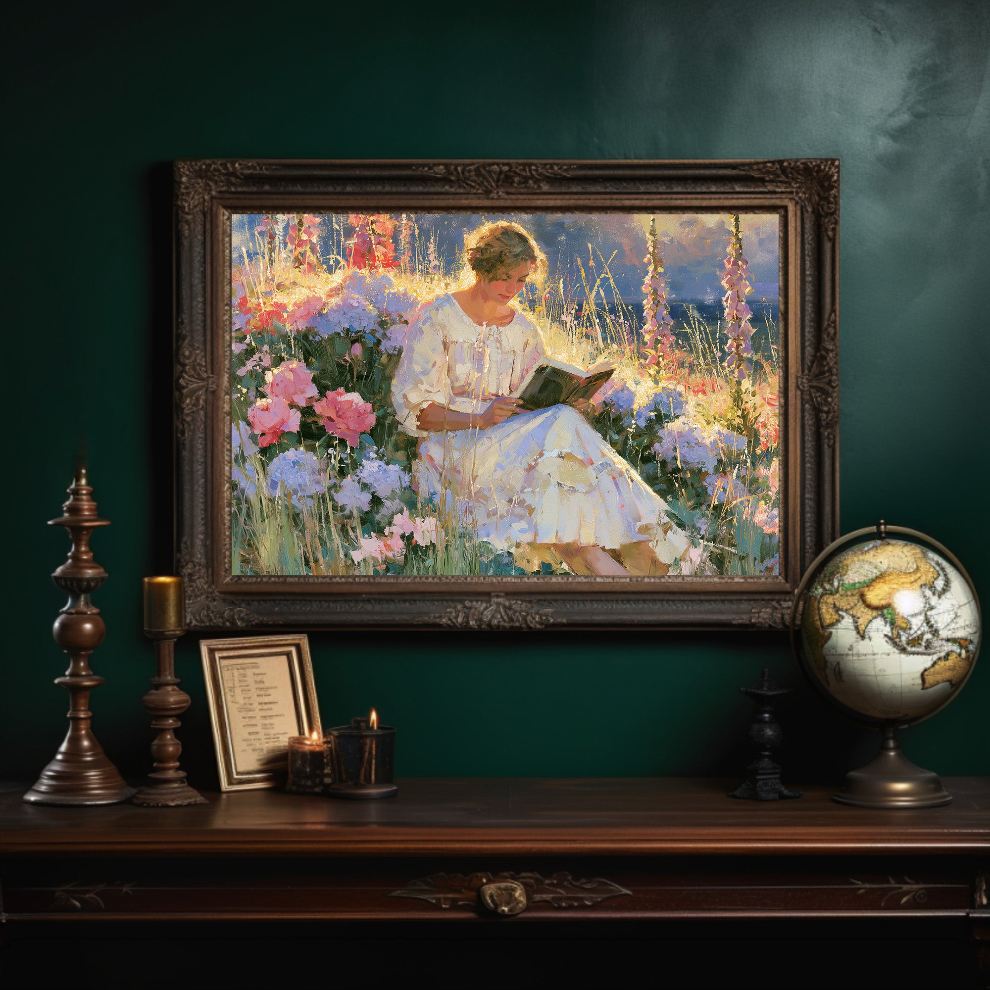 Reading Among Hollyhocks