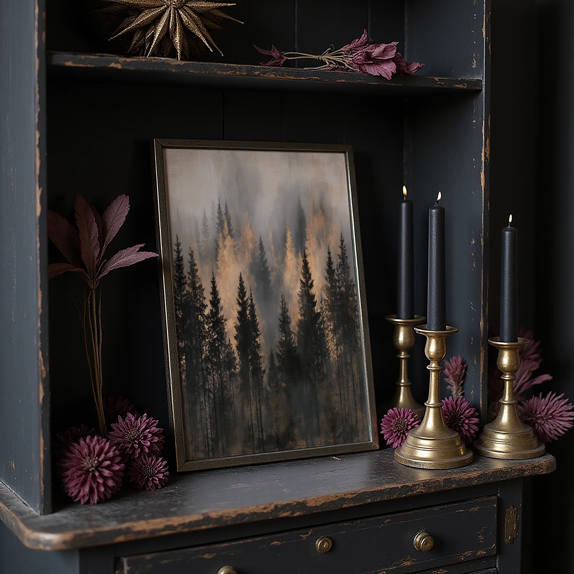 Pines Rising Through Amber Mist