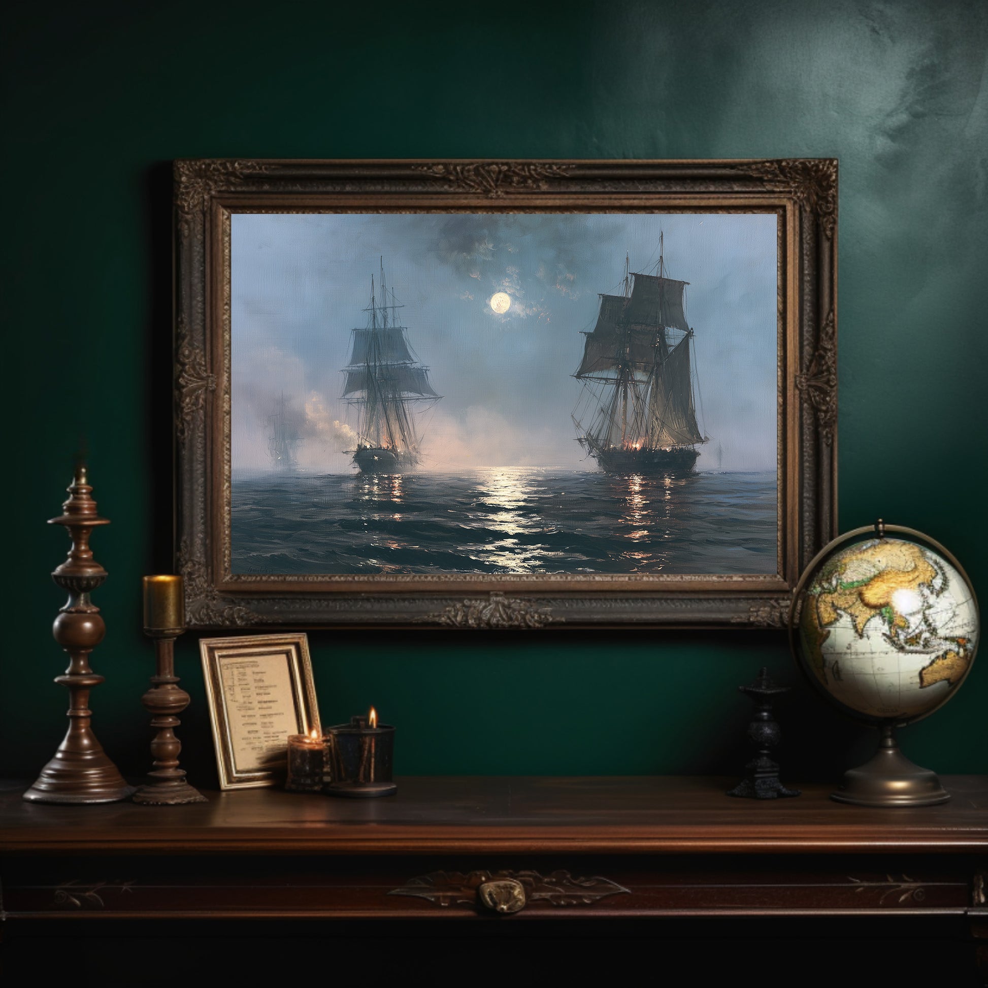 Tall Ships Under a Hazy Moon