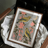 Greenfinches Beneath a Crescent Moon