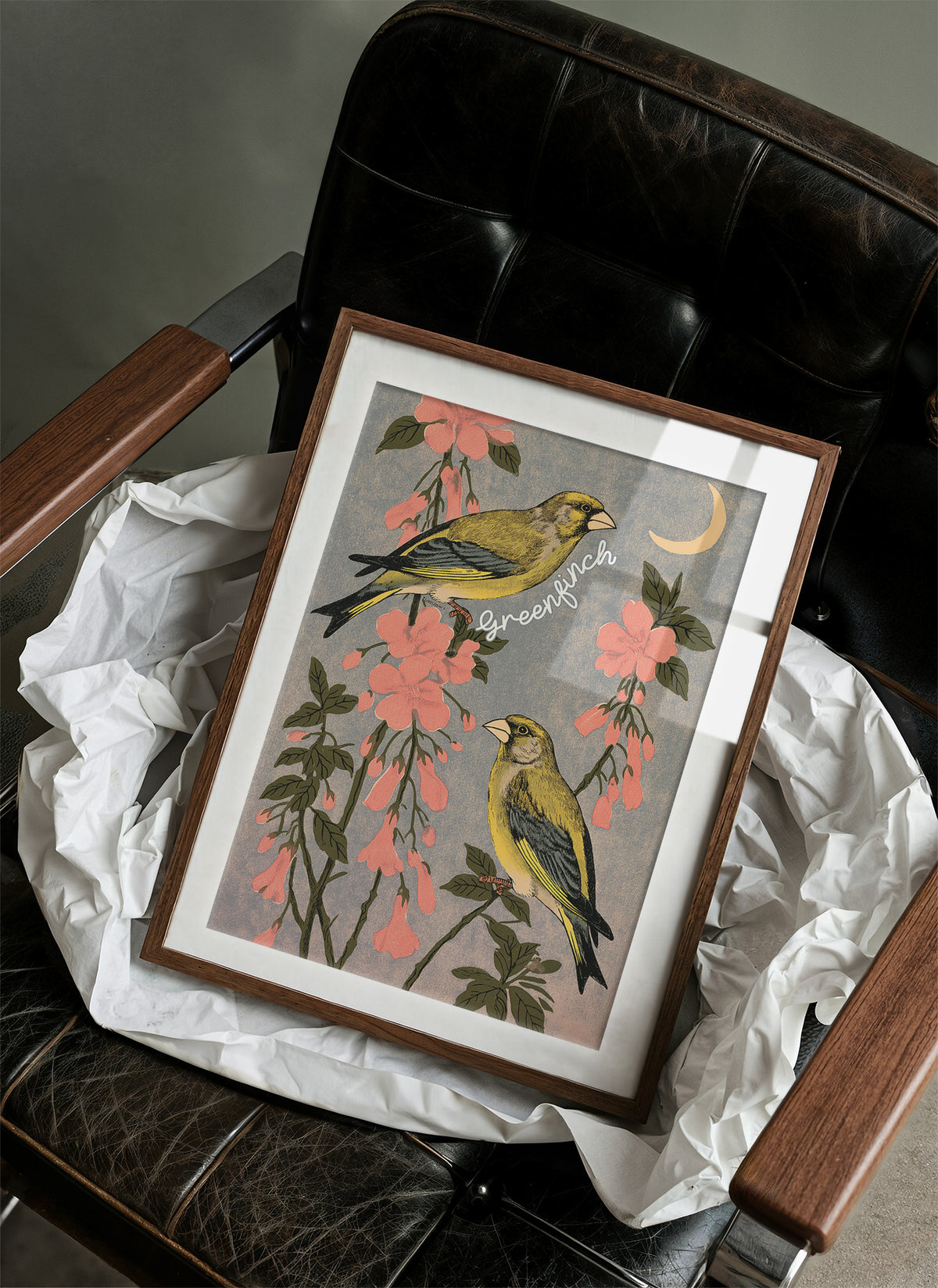 Greenfinches Beneath a Crescent Moon