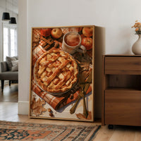 Lattice Get This Pie Started, large framed print leaning on a white wall beside a wood cabinet