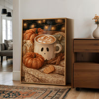 Pumpkin Spice And Everything Boo, large framed print leaning on a white wall beside a wood cabinet