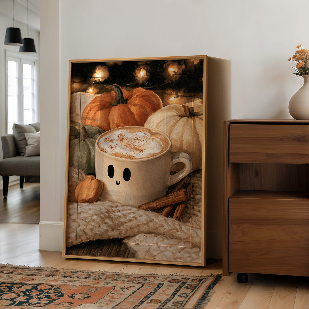 Latte Spirits, Feeling Ghoul, large framed print leaning on a white wall beside a wood cabinet
