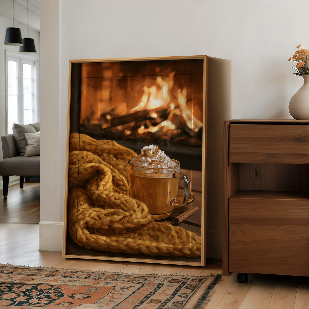 Hearth Of The Matter, large framed print leaning on a white wall beside a wood cabinet