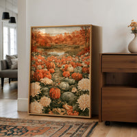 Mums The Word In The Pumpkin Patch, large framed print leaning on a white wall beside a wood cabinet