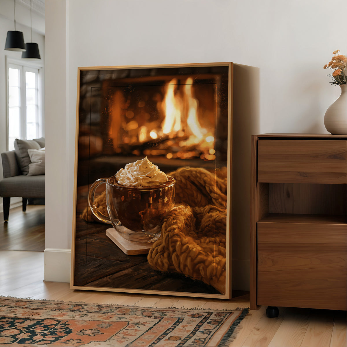 Mocha Ado About Nothing, large framed print leaning on a white wall beside a wood cabinet