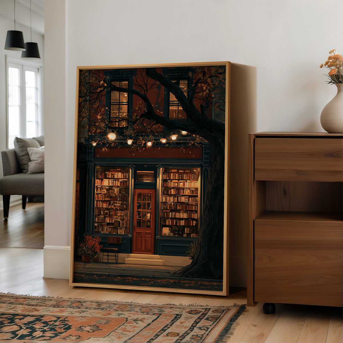 Shelf Awareness After Dark, large framed print leaning on a white wall beside a wood cabinet