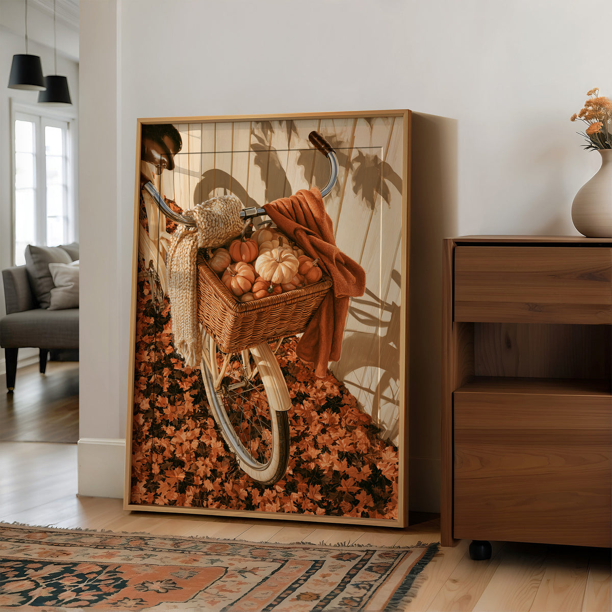 Gourd Delivery, Pedal Powered, large framed print leaning on a white wall beside a wood cabinet