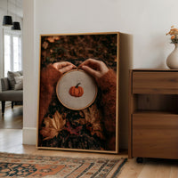 Sew Gourd, Sew Gourd, large framed print leaning on a white wall beside a wood cabinet
