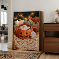 Mug Life: Jack O Latte Edition, large framed print leaning on a white wall beside a wood cabinet
