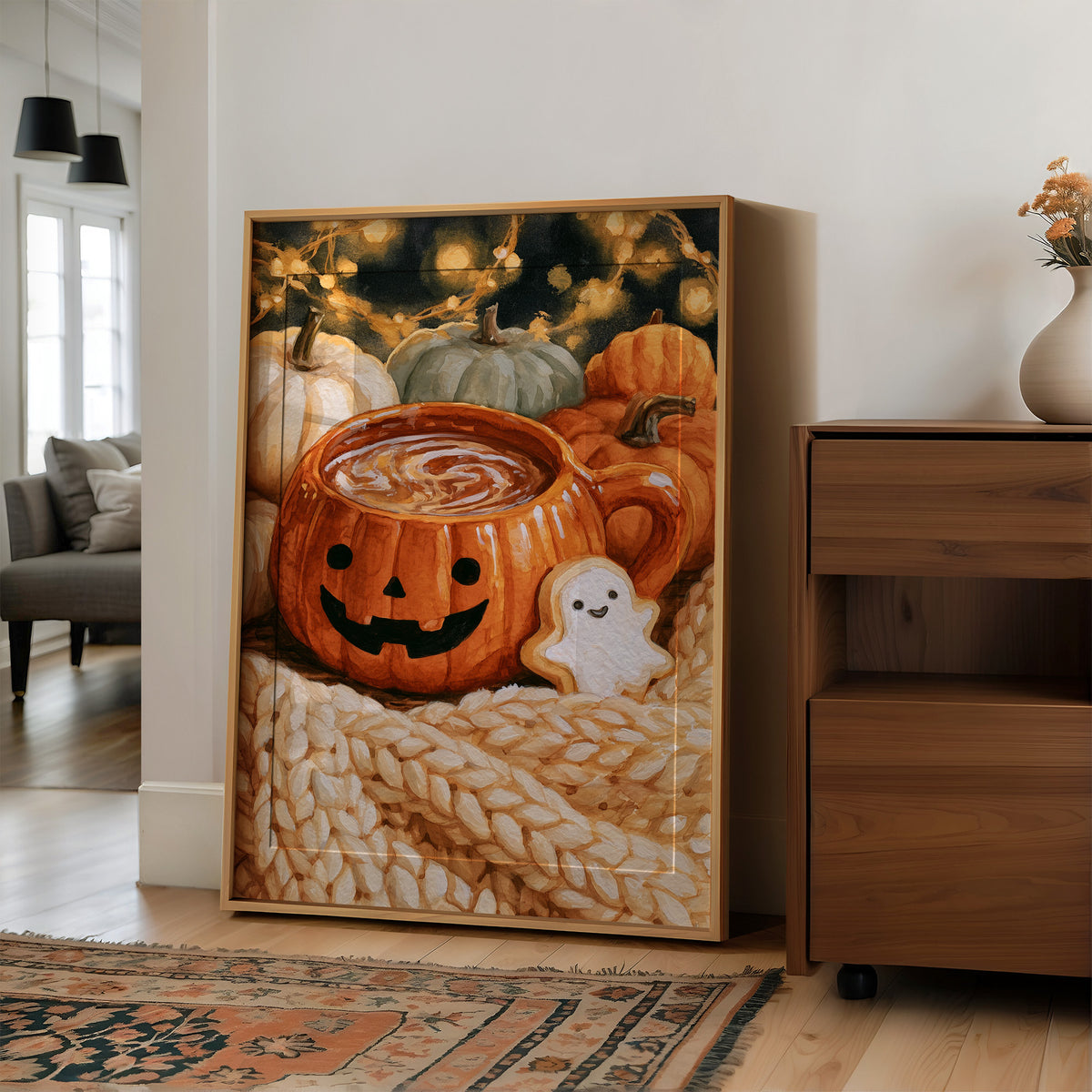 Snaggletooth Sips And Sweet Treats, large framed print leaning on a white wall beside a wood cabinet