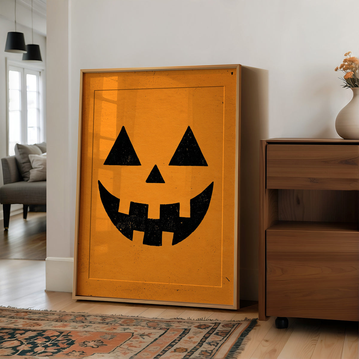 Face Value: Totally Gourd geous, large framed print leaning on a white wall beside a wood cabinet