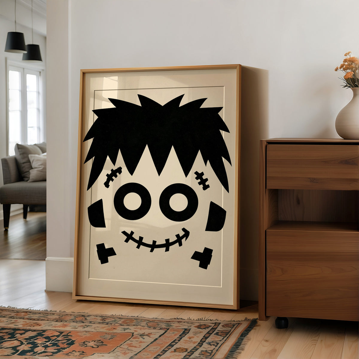 Bolt Of Approval, large framed print leaning on a white wall beside a wood cabinet
