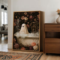 Boo ble Bath With A Side Of Judgment, large framed print leaning on a white wall beside a wood cabinet