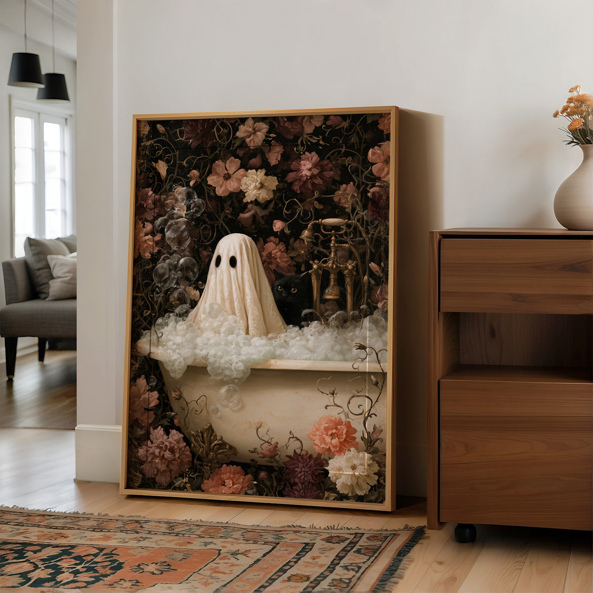 Boo ble Bath With A Side Of Judgment, large framed print leaning on a white wall beside a wood cabinet