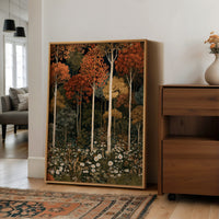Birch Please, It’s Fall, large framed print leaning on a white wall beside a wood cabinet