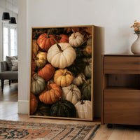 Squash Goals, Achieved, large framed print leaning on a white wall beside a wood cabinet