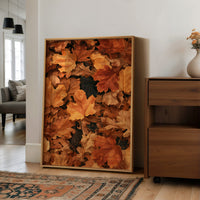 Fall Back And Relax, large framed print leaning on a white wall beside a wood cabinet
