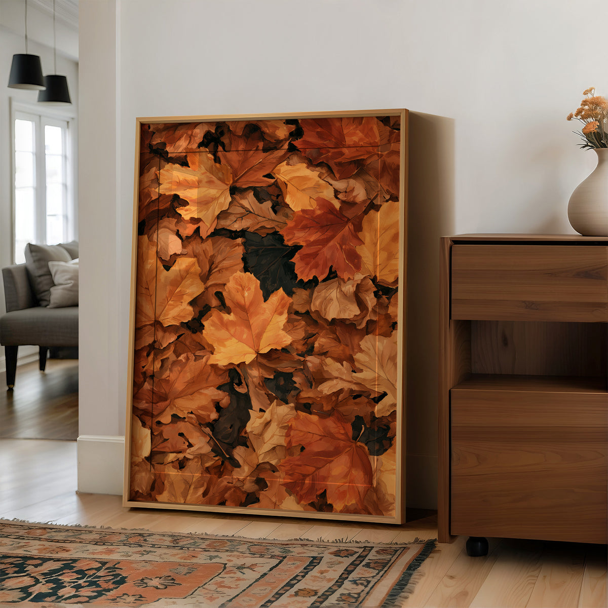Fall Back And Relax, large framed print leaning on a white wall beside a wood cabinet