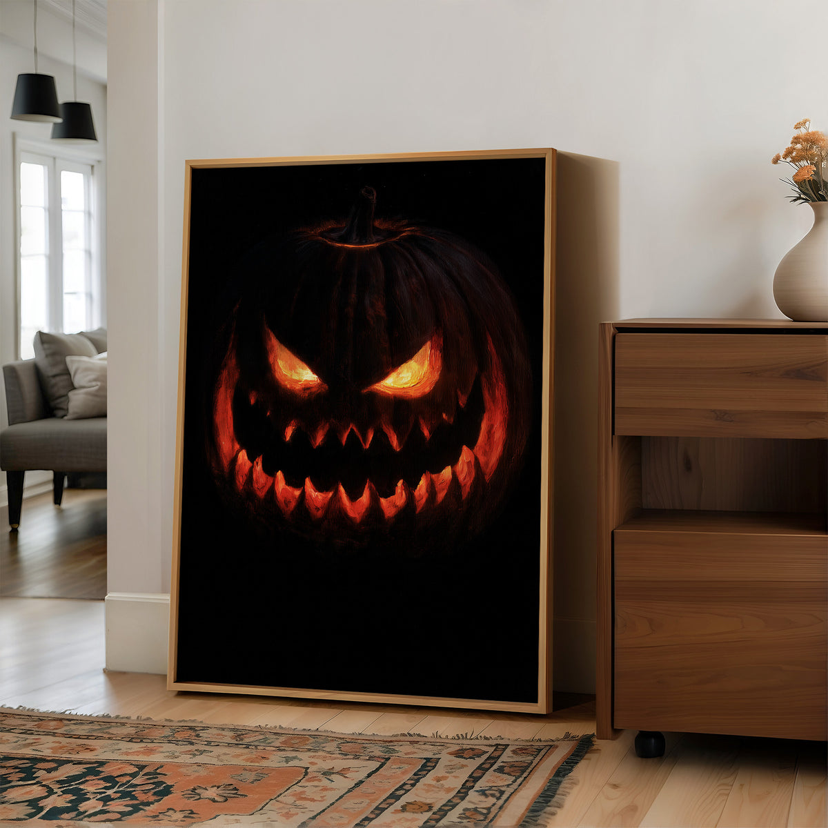 Lit From Within, Not In A Nice Way, large framed print leaning on a white wall beside a wood cabinet