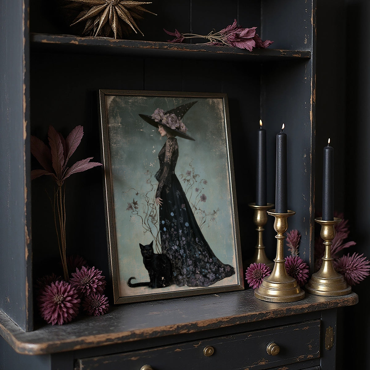 Bloom, Broom, And Feline Backup, large framed print leaning on a white wall beside a wood cabinet