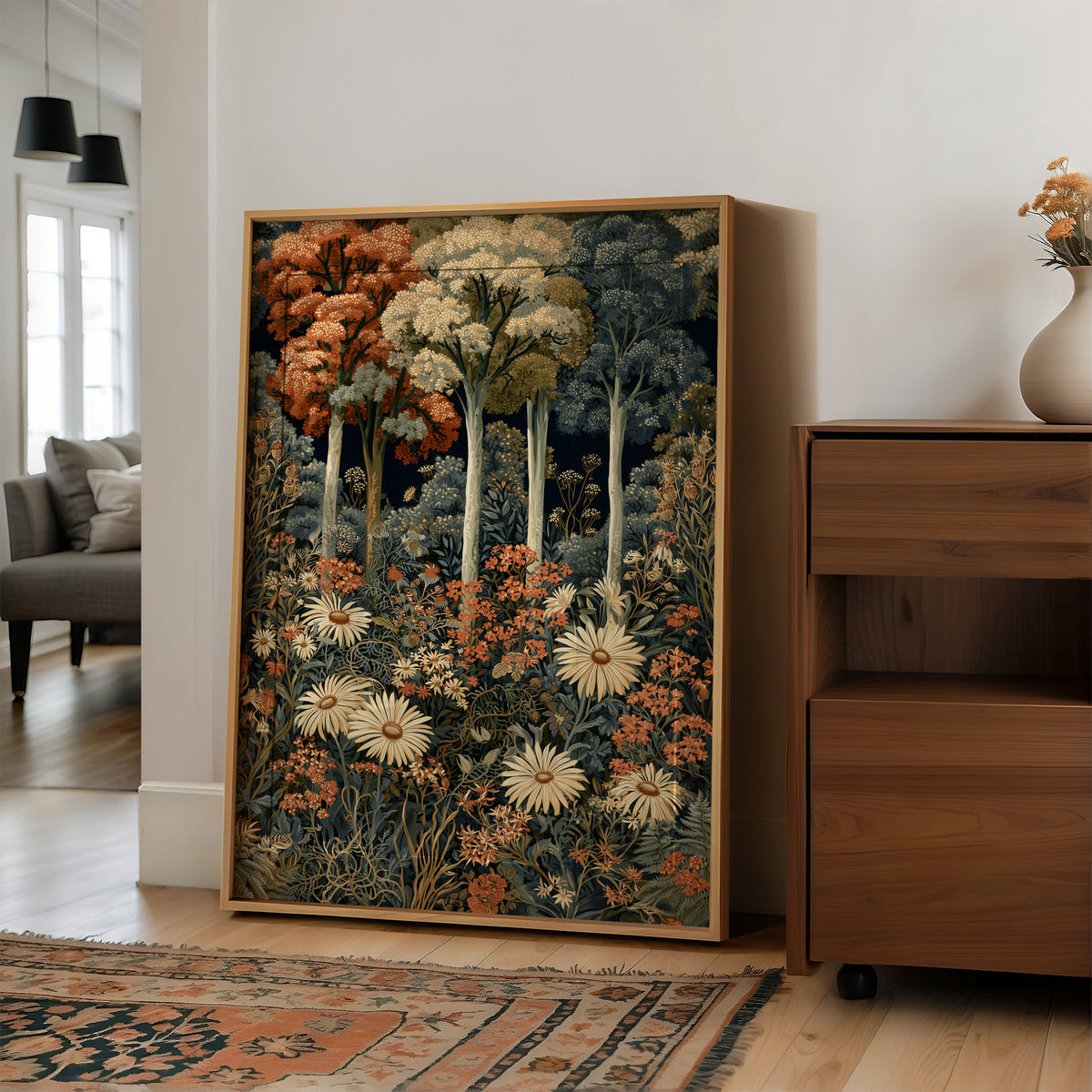 Daisy Chain Reaction In The Woods, large framed print leaning on a white wall beside a wood cabinet