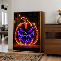 Neon Trouble Brewing, large framed print leaning on a white wall beside a wood cabinet