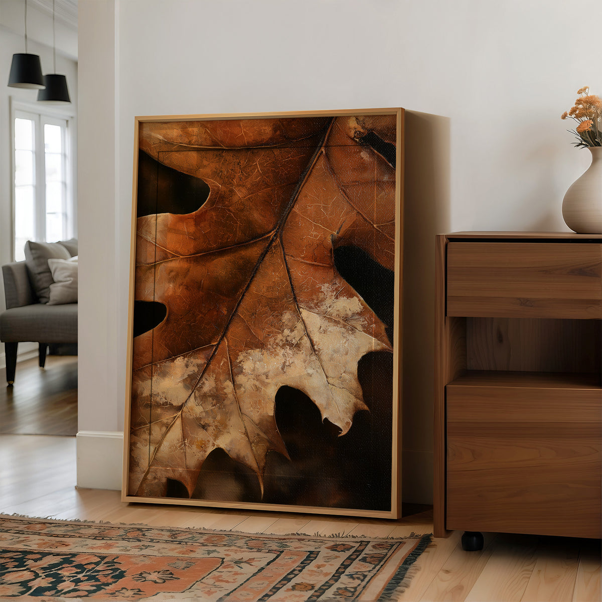 Oak ay, Ready For My Close Up, large framed print leaning on a white wall beside a wood cabinet