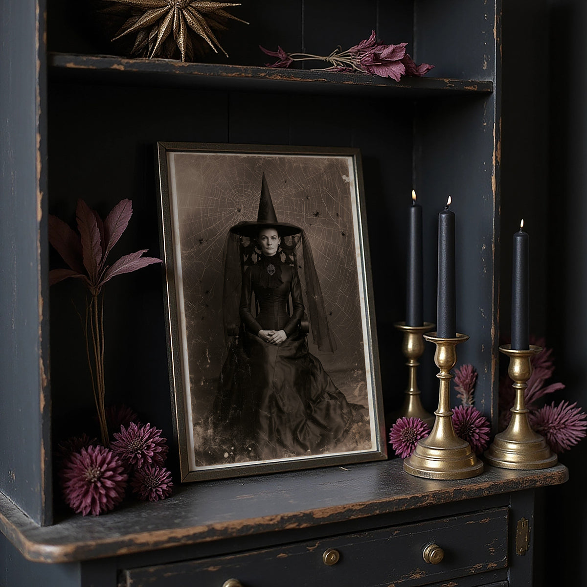 Formal Portrait, Informal Spiders, large framed print leaning on a white wall beside a wood cabinet