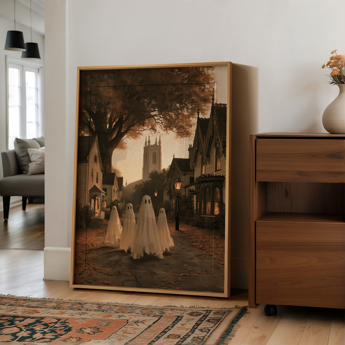 Neighborhood Watch, After Hours, large framed print leaning on a white wall beside a wood cabinet