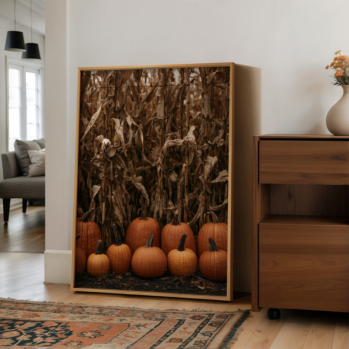 Lineup At The Corn Maze, large framed print leaning on a white wall beside a wood cabinet