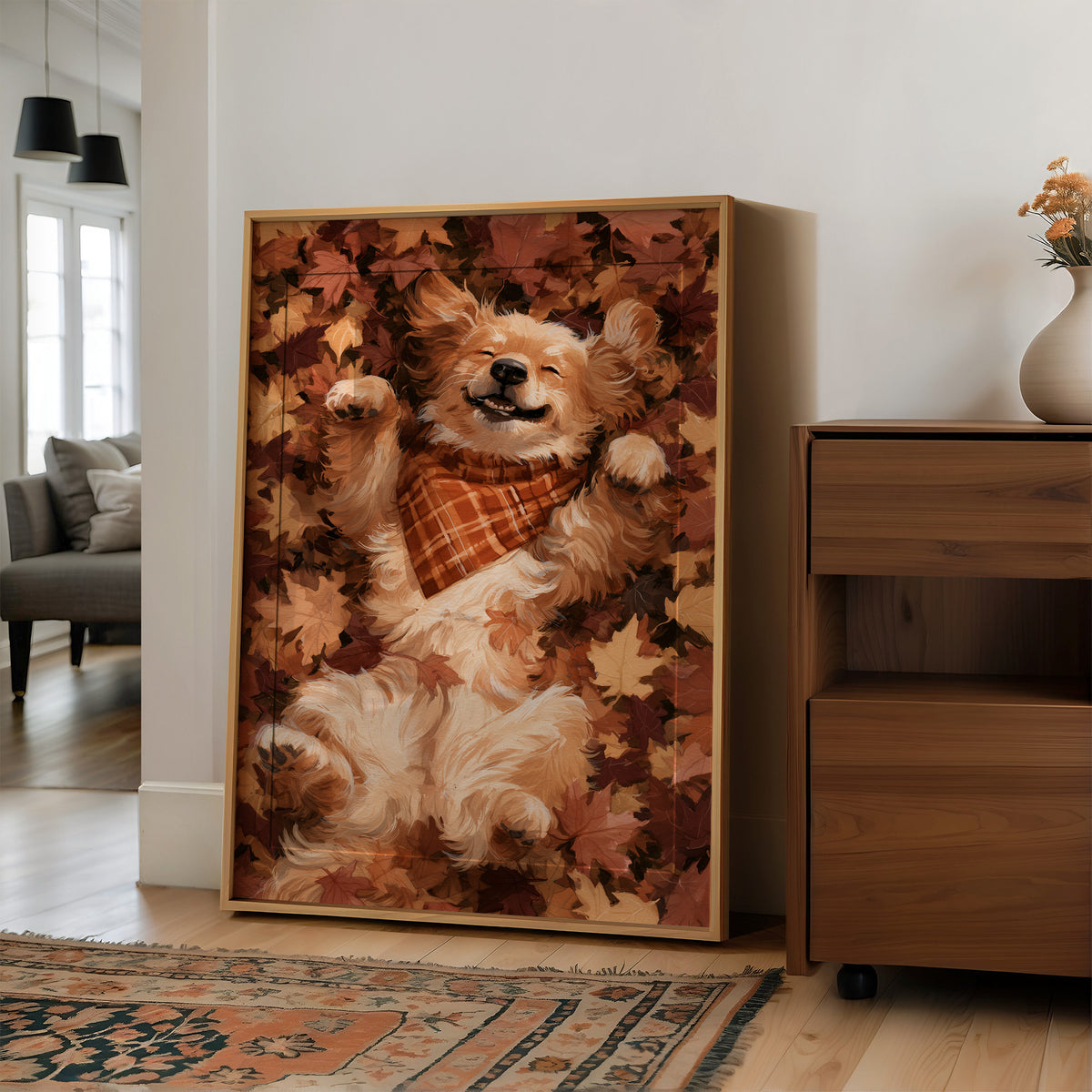Belly Up, Leaf Pile Approved, large framed print leaning on a white wall beside a wood cabinet