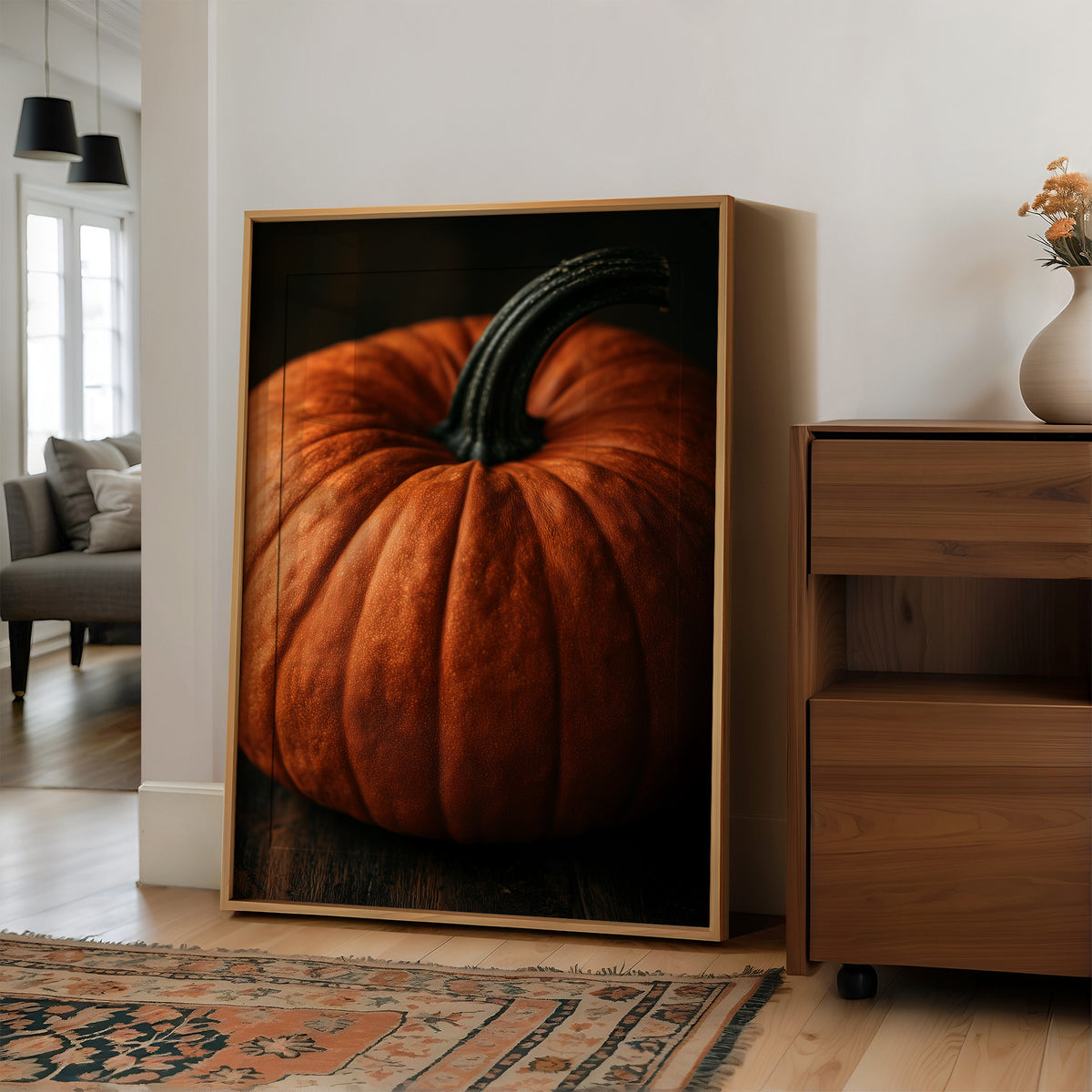 Speckled, Ribbed, And Ready For Its Portrait, large framed print leaning on a white wall beside a wood cabinet